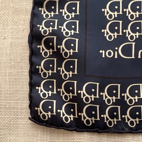 Christian Dior Silk Trotter Monogram Navy White Logo Scarf 19”x19”Made in Italy - Picture 7 of 9